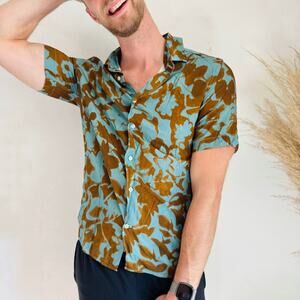 MENS MANGO Aqua Blue Brown Flowy Floral Abstact Pattern Button Down $80 Shirt M